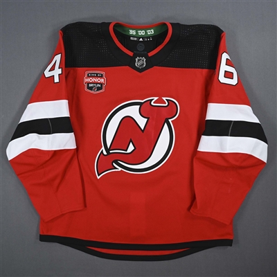 Max Willman - Game-Worn Red w/ Sergei Brylin Ring of Honor Night Patch Jersey - January 20, 2024