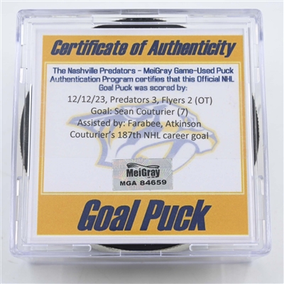 Sean Couturier - Philadelphia Flyers - Goal Puck - December 12, 2023 vs. Nashville Predators (Predators 25th Anniversary Logo)