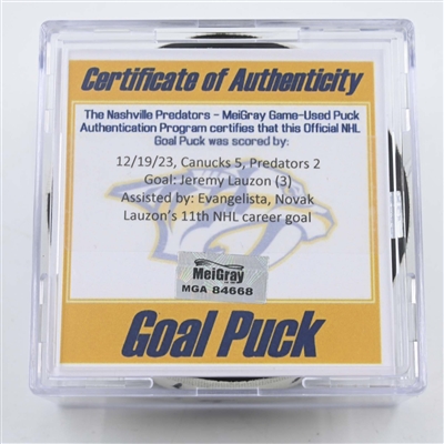 Jeremy Lauzon - Nashville Predators - Goal Puck - December 19, 2023 vs. Vancouver Canucks (Predators 25th Anniversary Logo)