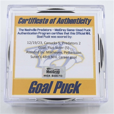 Pius Suter - Vancouver Canucks - Goal Puck - December 19, 2023 vs. Nashville Predators (Predators 25th Anniversary Logo)