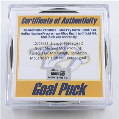 Michael McCarron - Nashville Predators - Goal Puck - December 23, 2023 vs. Dallas Stars (Predators 25th Anniversary Logo)