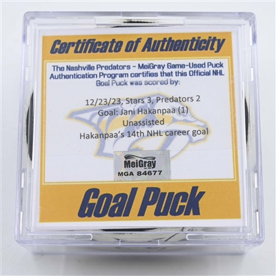Jani Hakanpaa - Dallas Stars - Goal Puck - December 23, 2023 vs. Nashville Predators (Predators 25th Anniversary Logo)