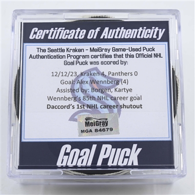 Alex Wennberg - Seattle Kraken - Goal Puck - December 12, 2023 vs. Florida Panthers (Kraken Logo)