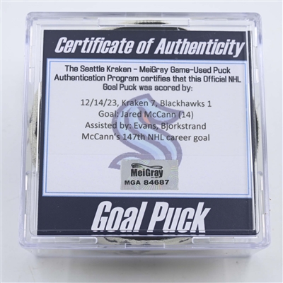 Jared McCann - Seattle Kraken - Goal Puck - December 14, 2023 vs. Chicago Blackhawks (Kraken Logo)