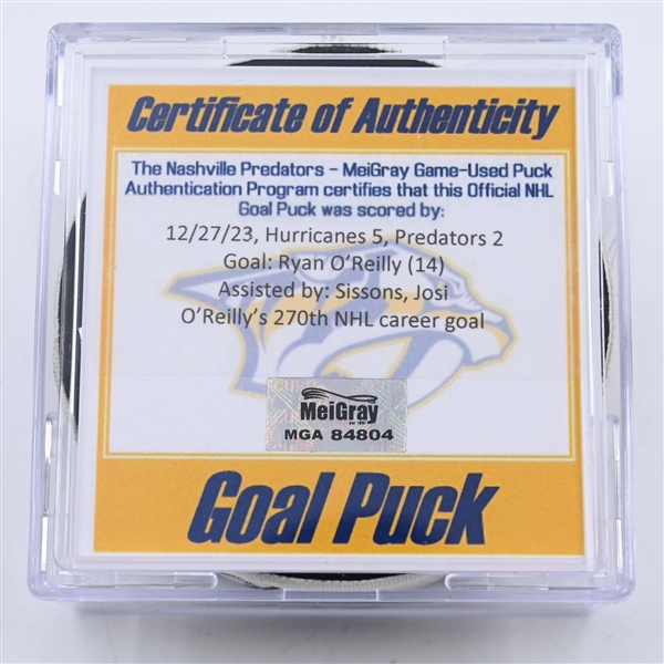 Ryan OReilly - Nashville Predators - Goal Puck - December 27, 2023 vs. Carolina Hurricanes (Predators 25th Anniversary Logo)