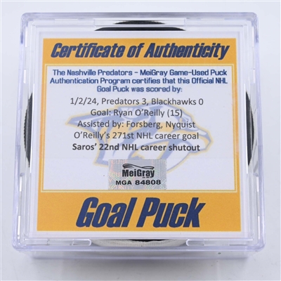 Ryan OReilly - Nashville Predators - Goal Puck - January 2, 2024 vs. Chicago Blackhawks (Predators 25th Anniversary Logo)