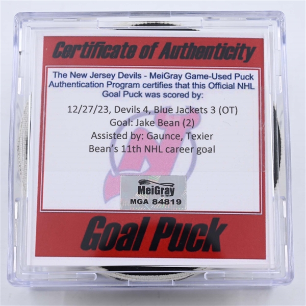 Jake Bean - Columbus Blue Jackets - Goal Puck - December 27, 2023 vs. New Jersey Devils (Devils Logo)