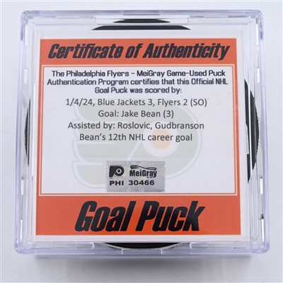 Jake Bean - Columbus Blue Jackets - Goal Puck - January 4, 2024 vs. Philadelphia Flyers (Flyers Logo)