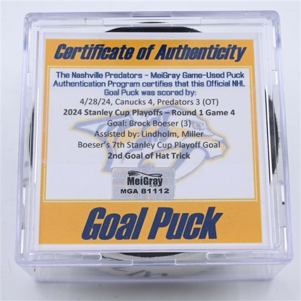 Brock Boeser - Vancouver Canucks - Goal Puck - April 28, 2024 vs. Nashville Predators - 2024 Stanley Cup Playoffs - Round 1, Game 4 (Predators 25th Anniversary Logo)