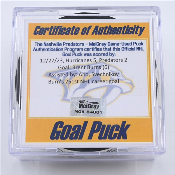 Brent Burns - Carolina Hurricanes - Goal Puck - December 27, 2023 vs. Nashville Predators (Predators 25th Anniversary Logo)