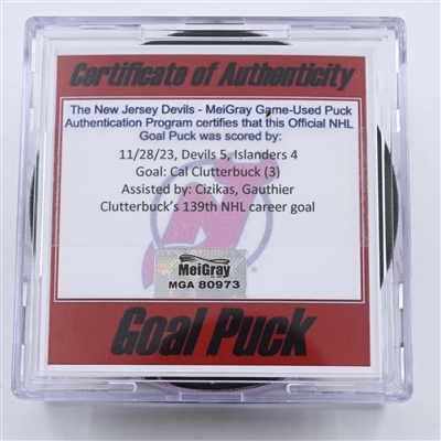 Cal Clutterbuck - New York Islanders - Goal Puck -  November 28, 2023 vs. New Jersey Devils (Devils Logo)