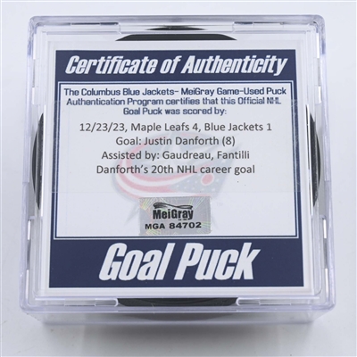 Justin Danforth - Columbus Blue Jackets - Goal Puck - December 23, 2023 vs. Toronto Maple Leafs (Blue Jackets Logo)