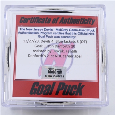 Justin Danforth - Columbus Blue Jackets - Goal Puck - December 27, 2023 vs. New Jersey Devils (Devils Logo)