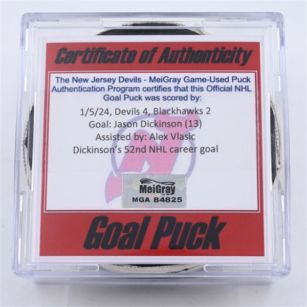 Jason Dickinson - Chicago Blackhawks - Goal Puck - January 5, 2024 vs. New Jersey Devils (Devils Logo)