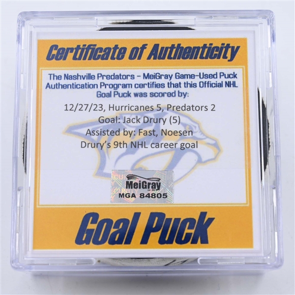 Jack Drury - Carolina Hurricanes - Goal Puck - December 27, 2023 vs. Nashville Predators (Predators 25th Anniversary Logo)