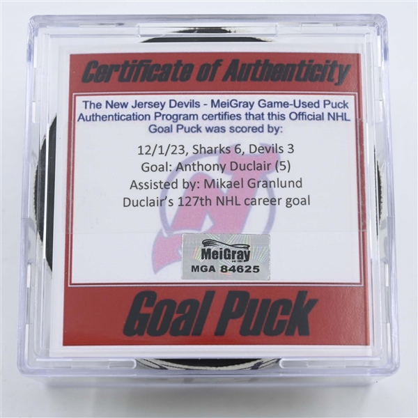 Anthony Duclair - San Jose Sharks - Goal Puck - December 1, 2023 vs. New Jersey Devils (Devils Logo)