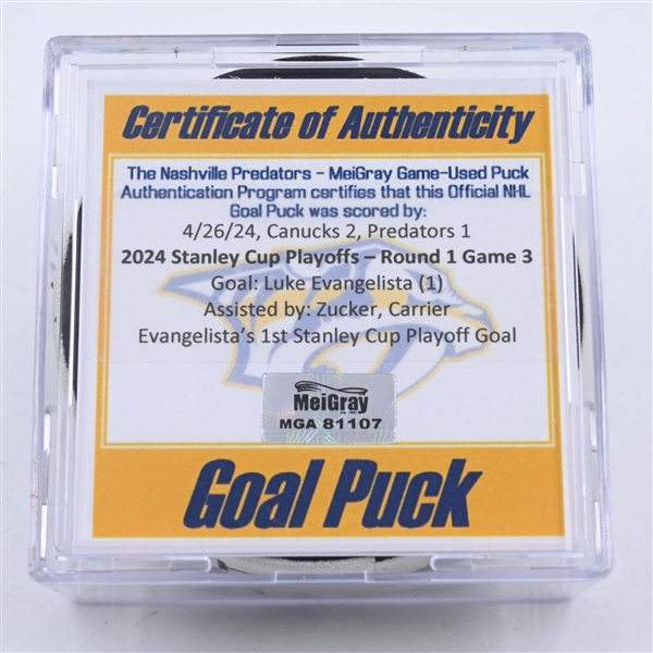 Luke Evangelista - Nashville Predators - Goal Puck - April 26, 2024 vs. Vancouver Canucks - 2024 Stanley Cup Playoffs - Round 1, Game 3 (Predators 25th Anniversary Logo)