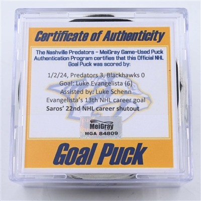 Luke Evangelista - Nashville Predators - Goal Puck - January 2, 2024 vs. Chicago Blackhawks (Predators 25th Anniversary Logo)