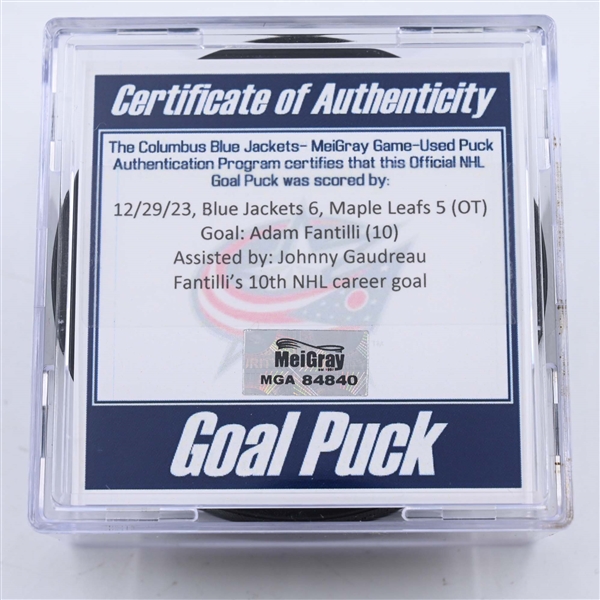 Adam Fantilli - Columbus Blue Jackets - Goal Puck - December 29, 2023 vs. Toronto Maple Leafs (Blue Jackets Logo)