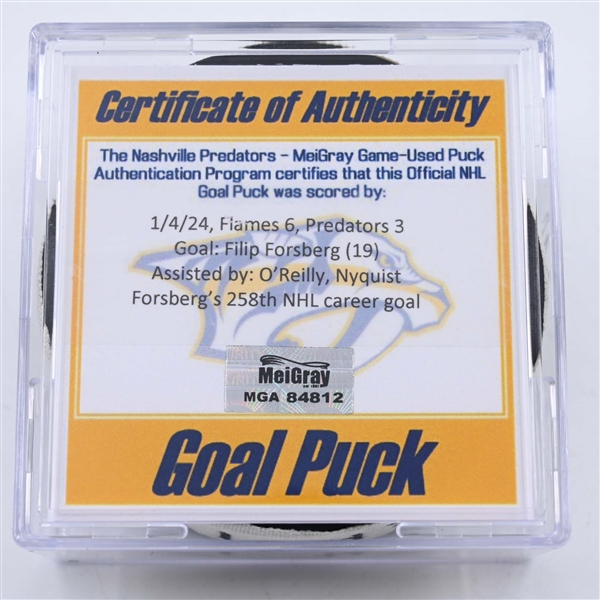 Filip Forsberg - Nashville Predators - Goal Puck - January 4, 2024 vs. Calgary Flames (Predators 25th Anniversary Logo)