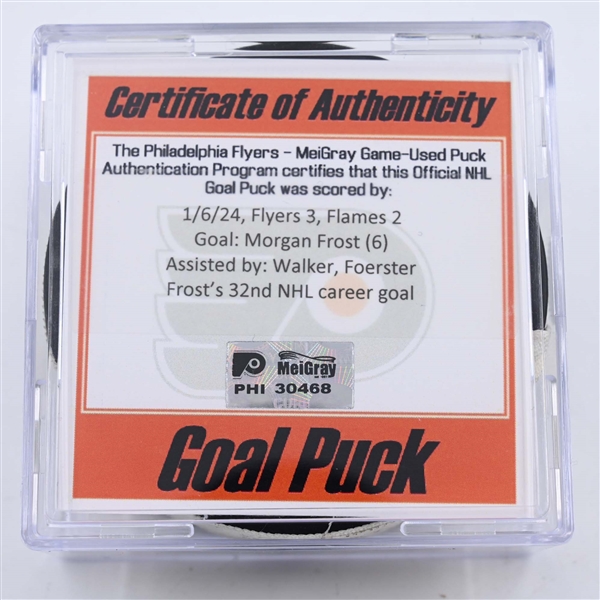 Morgan Frost - Philadelphia Flyers - Goal Puck - January 6, 2024 vs. Calgary Flames (Flyers Logo)