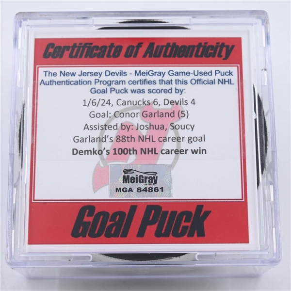 Conor Garland - Vancouver Canucks - Goal Puck - January 6, 2024 vs. New Jersey Devils (Devils Logo)