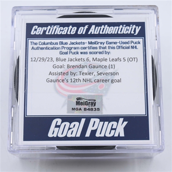 Brendan Gaunce - Columbus Blue Jackets - Goal Puck - December 29, 2023 vs. Toronto Maple Leafs (Blue Jackets Logo)