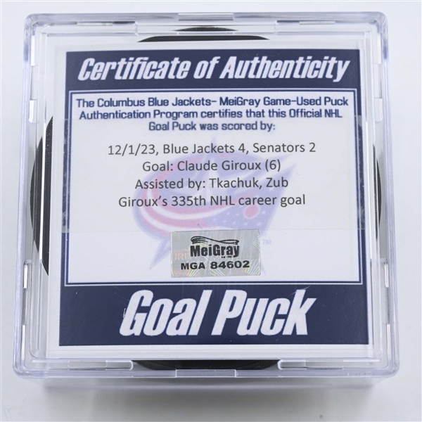 Claude Giroux - Ottawa Senators - Goal Puck - December 1, 2023 vs. Columbus Blue Jackets (Blue Jackets Logo)