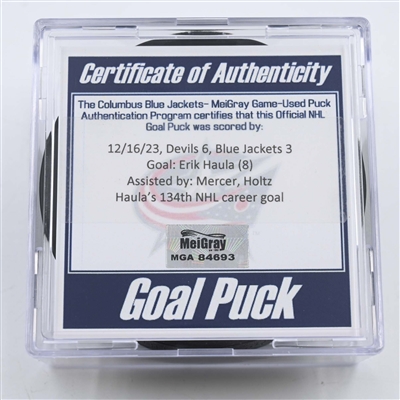 Erik Haula - New Jersey Devils - Goal Puck - December 16, 2023 vs. Columbus Blue Jackets (Blue Jackets Logo)