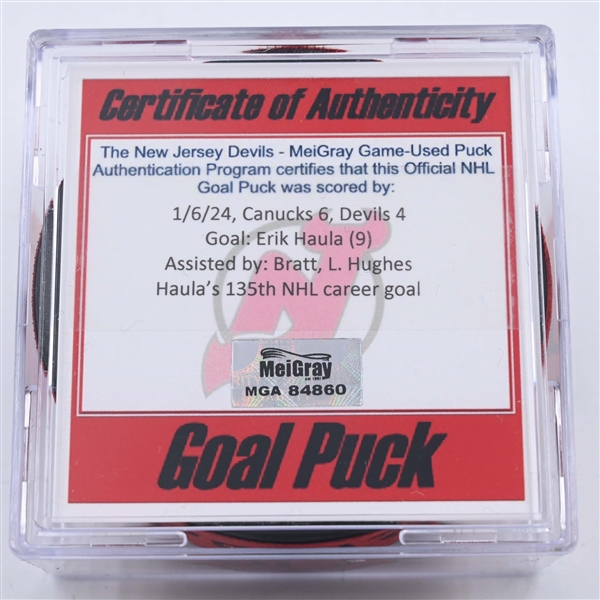 Erik Haula - New Jersey Devils - Goal Puck - January 6, 2024 vs. Vancouver Canucks (Devils Logo)