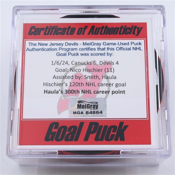 Nico Hischier - New Jersey Devils - Goal Puck - January 6, 2024 vs. Vancouver Canucks (Devils Logo)