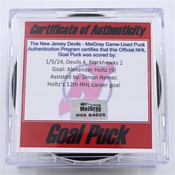 Alexander Holtz - New Jersey Devils - Goal Puck - January 5, 2024 vs. Chicago Blackhawks (Devils Logo)