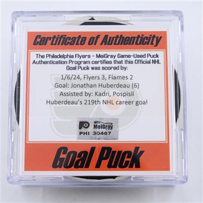 Jonathan Huberdeau - Calgary Flames - Goal Puck - January 6, 2024 vs. Philadelphia Flyers (Flyers Logo)