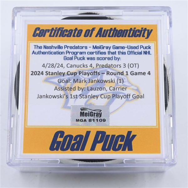 Mark Jankowski - Nashville Predators - Goal Puck - April 28, 2024 vs. Vancouver Canucks - 2024 Stanley Cup Playoffs - Round 1, Game 4 (Predators 25th Anniversary Logo)