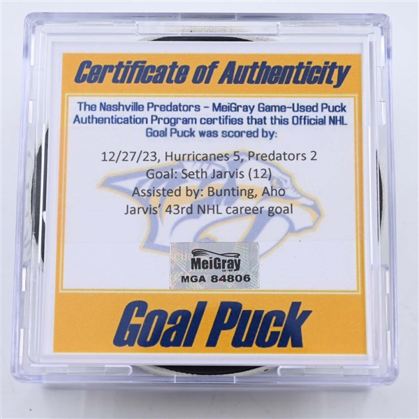 Seth Jarvis - Carolina Hurricanes - Goal Puck - December 27, 2023 vs. Nashville Predators (Predators 25th Anniversary Logo)