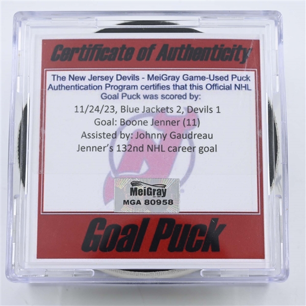 Boone Jenner - Columbus Blue Jackets - Goal Puck -  November 24, 2023 vs. New Jersey Devils (Devils Logo)