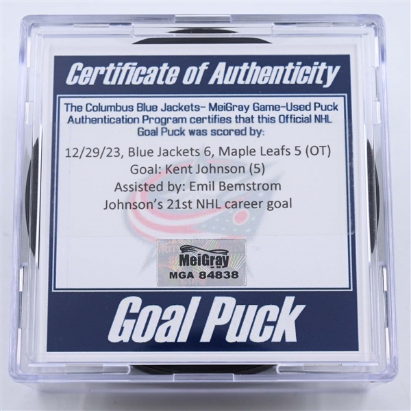 Kent Johnson - Columbus Blue Jackets - Goal Puck - December 29, 2023 vs. Toronto Maple Leafs (Blue Jackets Logo)