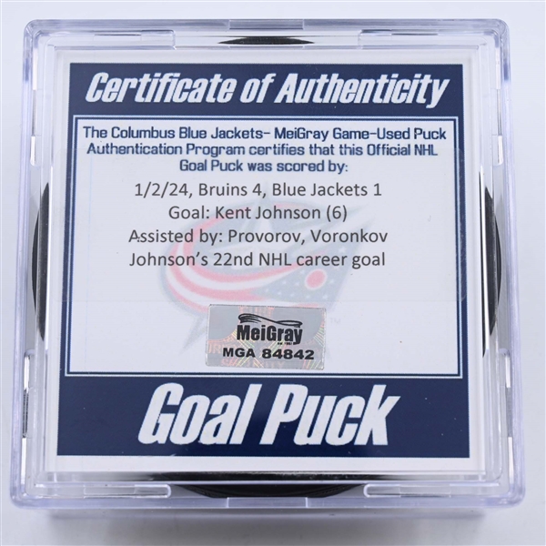 Kent Johnson - Columbus Blue Jackets - Goal Puck - January 2, 2024 vs. Boston Bruins (Blue Jackets Logo)