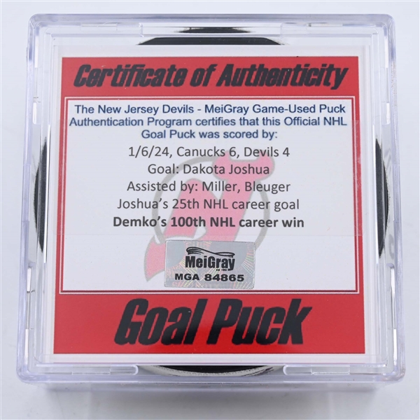 Dakota Joshua - Vancouver Canucks - Goal Puck - January 6, 2024 vs. New Jersey Devils (Devils Logo)