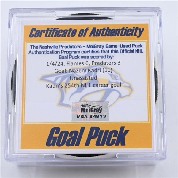 Nazem Kadri - Calgary Flames - Goal Puck - January 4, 2024 vs. Nashville Predators (Predators 25th Anniversary Logo)