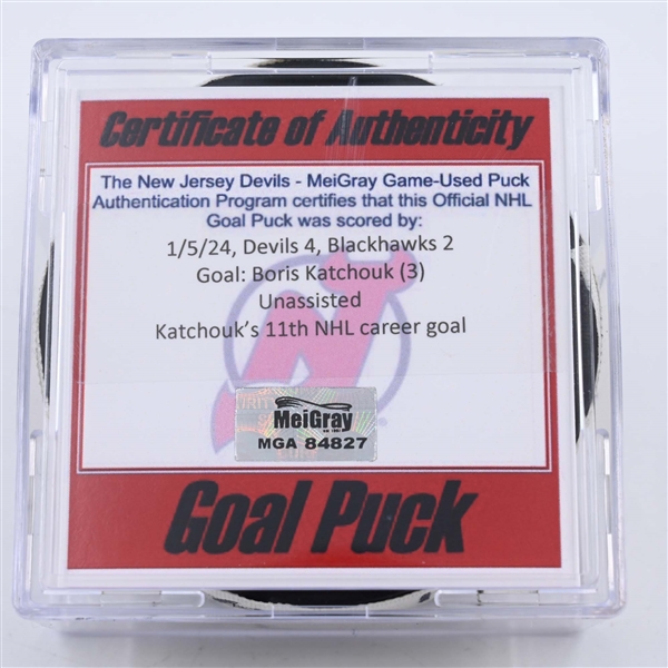 Boris Katchouk - Chicago Blackhawks - Goal Puck - January 5, 2024 vs. New Jersey Devils (Devils Logo)