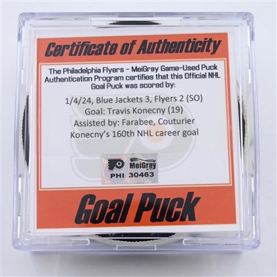 Travis Konecny - Philadelphia Flyers - Goal Puck - January 4, 2024 vs. Columbus Blue Jackets (Flyers Logo)