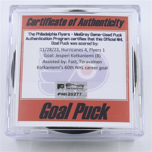 Jesperi Kotkaniemi - Carolina Hurricanes - Goal Puck -  November 28, 2023 vs. Philadelphia Flyers (Flyers Logo)