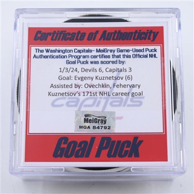 Evgeny Kuznetsov - Washington Capitals - Goal Puck - January 3, 2024 vs. New Jersey Devils (Capitals Logo)