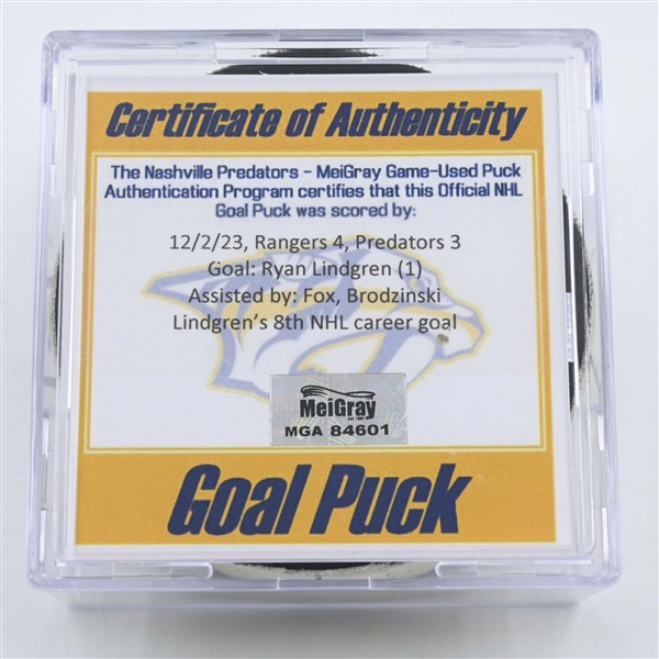 Ryan Lindgren - New York Rangers - Goal Puck - December 2, 2023 vs. Nashville Predators (Predators 25th Anniversary Logo)