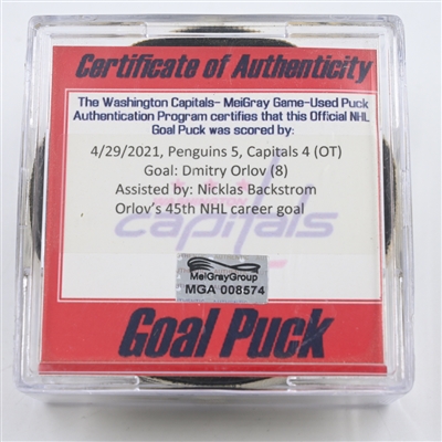 Dmitry Orlov - Washington Capitals - Goal Puck - April 29, 2021 vs. Pittsburgh Penguins (Capitals Logo)