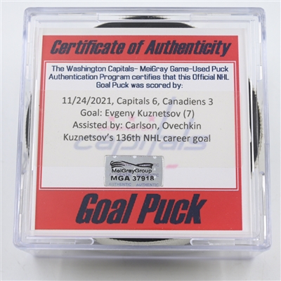 Evgeny Kuznetsov - Washington Capitals - Goal Puck - November 24, 2021 vs. Montreal Canadiens (Capitals Logo) (Ovechkin Assist)