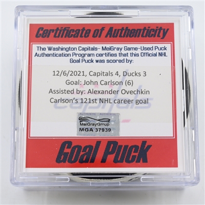 John Carlson - Washington Capitals - Goal Puck - December 6, 2021 vs. Anaheim Ducks (Capitals Logo) (Ovechkin Assist)