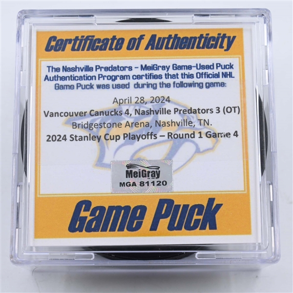 Nashville Predators - Game Puck - April 28, 2024 vs. Vancouver Canucks - 2024 Stanley Cup Playoffs - Round 1, Game 4 (Predators 25th Anniversary Logo)