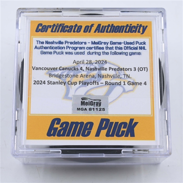 Nashville Predators - Game Puck - April 28, 2024 vs. Vancouver Canucks - 2024 Stanley Cup Playoffs - Round 1, Game 4 (Predators 25th Anniversary Logo)